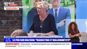 Marine Le Pen juge la politique d'Emmanuel Macron "de subtil mélange de marketing et de malhonnêteté"