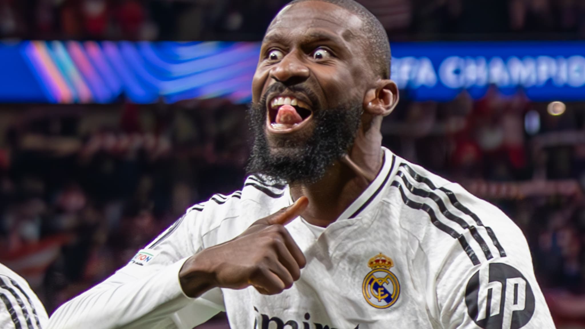La provocation d'Antonio Rüdiger face à l'Atletico Madrid en Ligue des champions, le 12 mars 2025. La provocation d'Antonio Rüdiger face à l'Atletico Madrid en Ligue des champions, le 12 mars 2025.