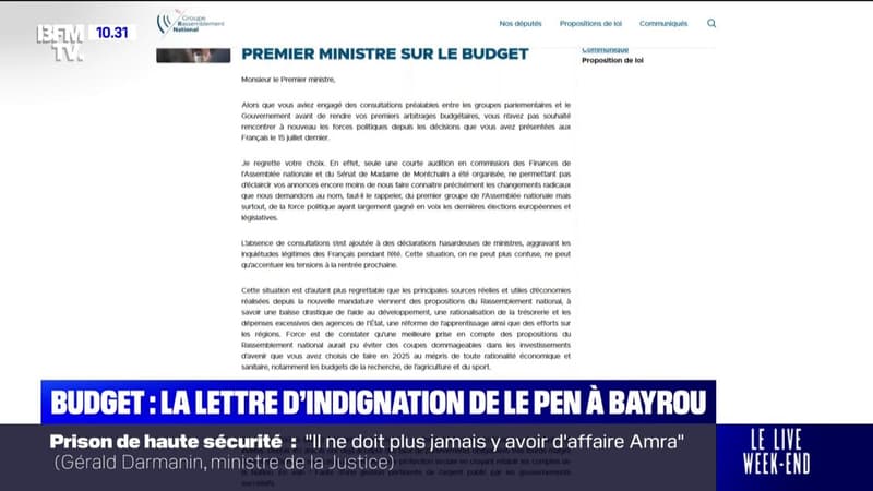 Budget 2026: la lettre d'indignation de Marine Le Pen à François Bayrou