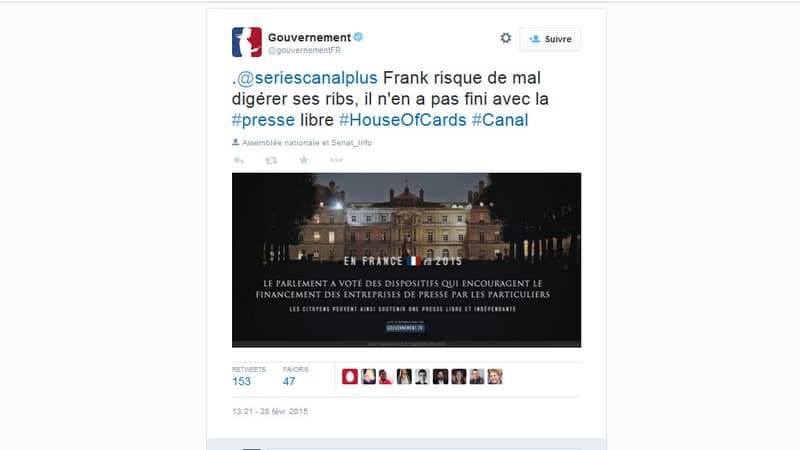 Le compte twitter du gouvernement s'est amusé avec la sortie de la saison 3 de House of cards samedi après-midi