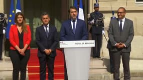 Marlène Schiappa, Gérald Darmanin, Christophe Castaner et Laurent Nunes au ministère de l'Intérieur, le 7 juillet 2020.