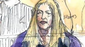 Dessin d'audience représentant Noëlla Hégo, mardi, au premier jour de son procès.