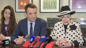Florian Philippot et Geneviève de Fontenay lors de leur conférence de presse lundi.
