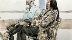 Croquis d'audience du 26 janvier 2023 d'Aya Nakamura et son ex-compagnon Vladimir Boudnikoff lors de leur procès pour violences réciproques au tribunal de Bobigny, près de Paris 