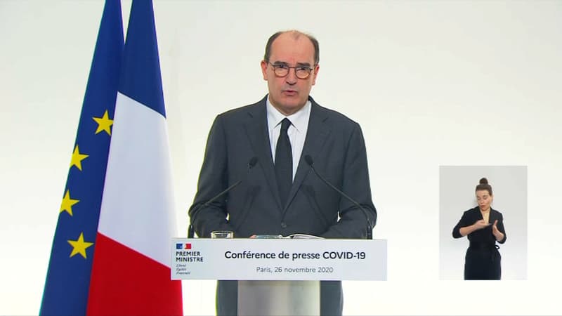 Le Premier ministre, Jean Castex, lors de la conférence de presse consacrée aux mesures d'allègement du confinement le 26 novembre 2020