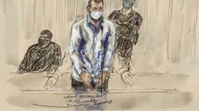 Ce croquis d'audience réalisé le 9 février 2022 montre l'accusé Salah Abdeslam debout devant la cour d'assise spéciale de Paris lors du procès des attentats de novembre 2015 qui ont fait 130 morts