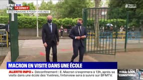 Emmanuel Macron et Jean-Michel Blanquer arrivent masqués à Poissy pour la visite d’une école