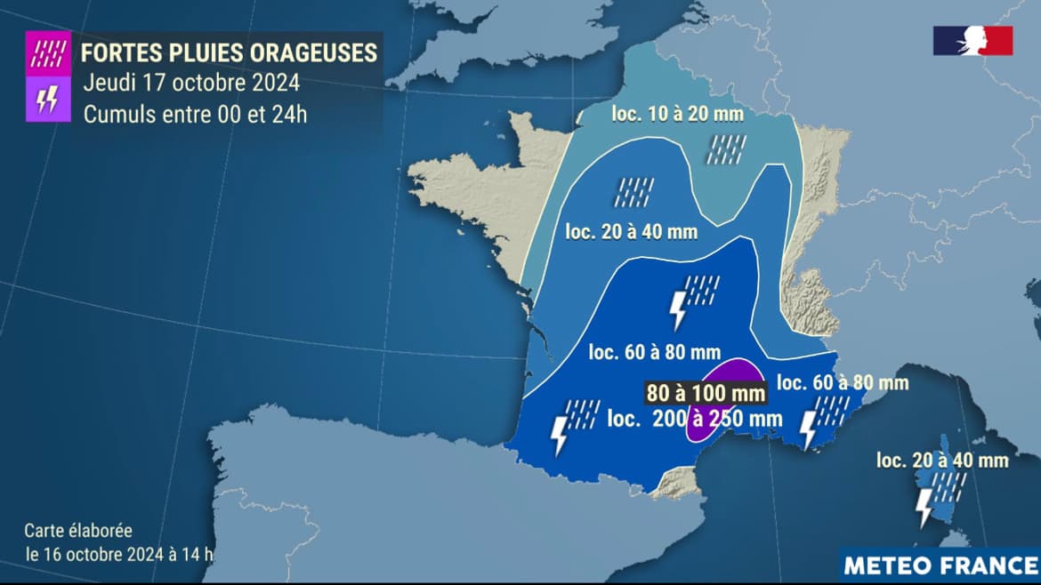 D'importantes précipitations sont attendues ce jeudi 17 octobre 2024 dans le sud du pays D'importantes précipitations sont attendues ce jeudi 17 octobre 2024 dans le sud du pays