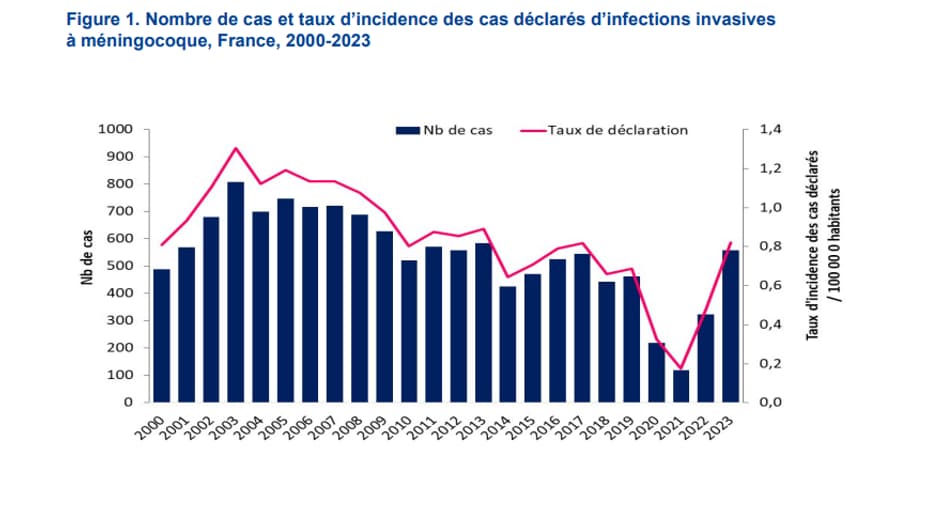 Nombre de cas et taux d’incidence des cas déclarés d’infections invasives à méningocoque, France, 2000-2023.