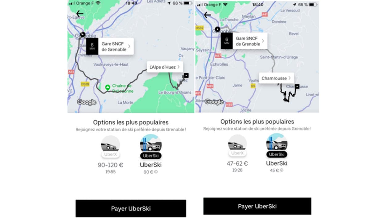 Deux exemples de trajets Uberski proposés au départ de la gare de Grenoble. Deux exemples de trajets Uberski proposés au départ de la gare de Grenoble.
