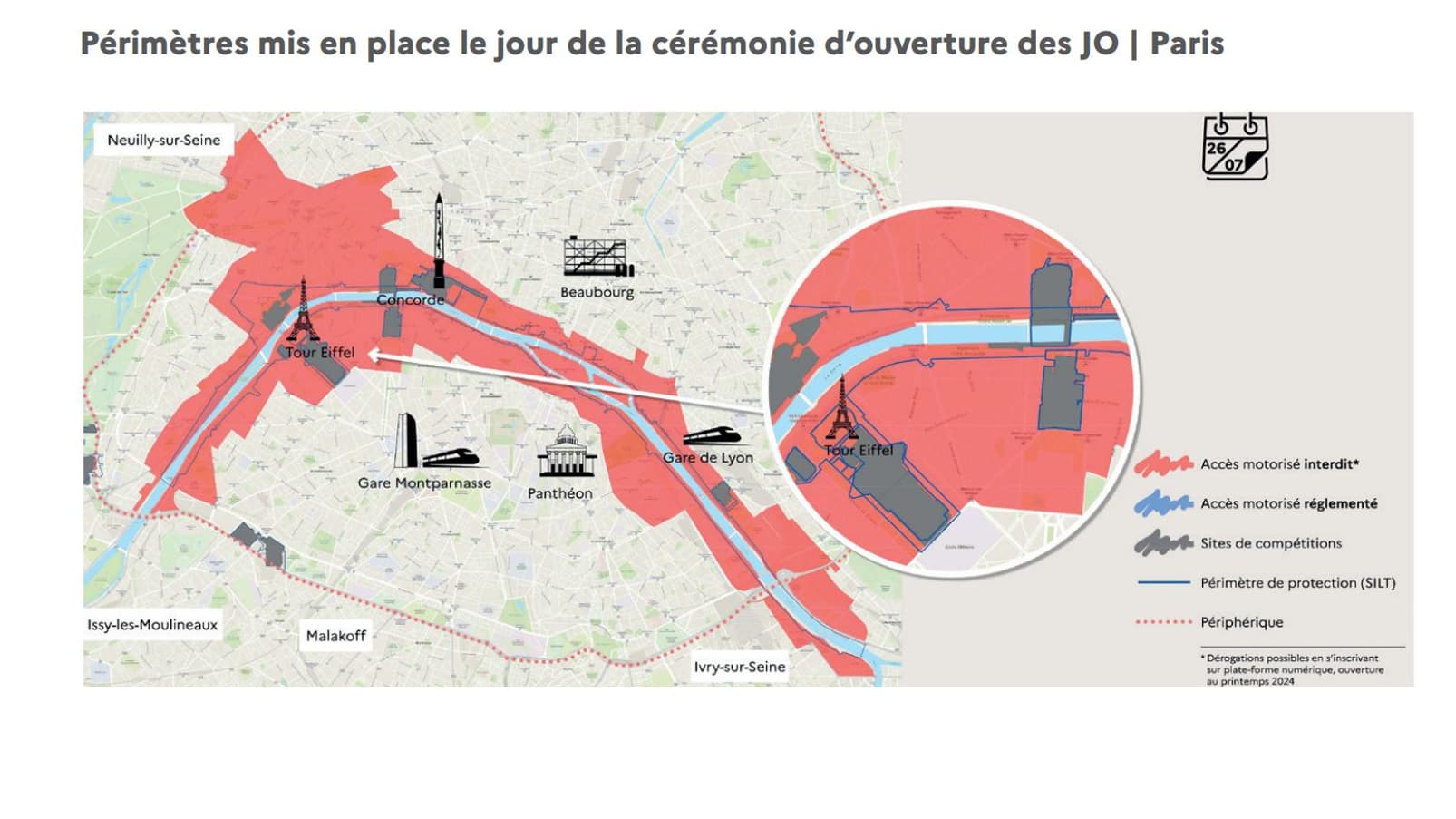 La zone en rouge pour la cérémonie d'ouverture des JO 2024