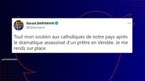 Gérald Darmanin annonce l'assassinat d'un prêtre, en Vendée, par le biais d'un tweet, lundi 9 août 2021.