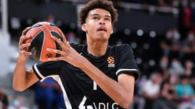 Le joueur de l'Asvel Victor Wembanyama à l'entraînement avant d'affronter Zalgiris Kaunas en Euroligue, le 1er octobre 2021 à Villeurbanne