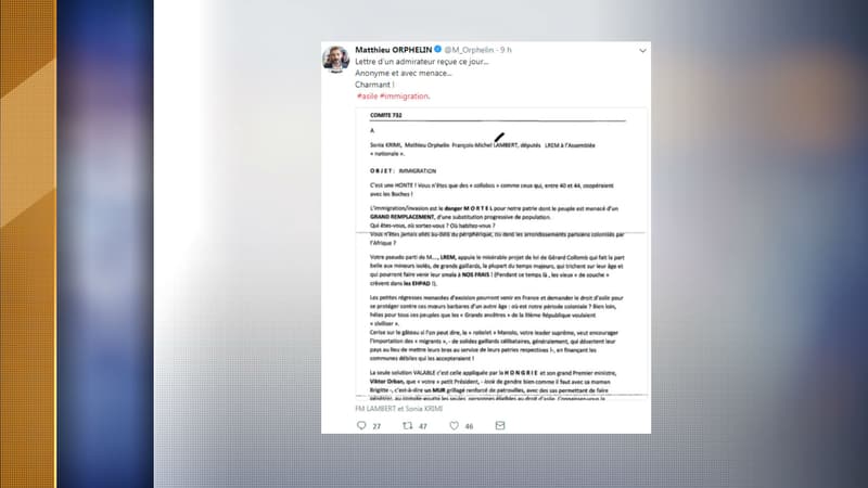 Le courrier était adressé à trois députés de la majorité.