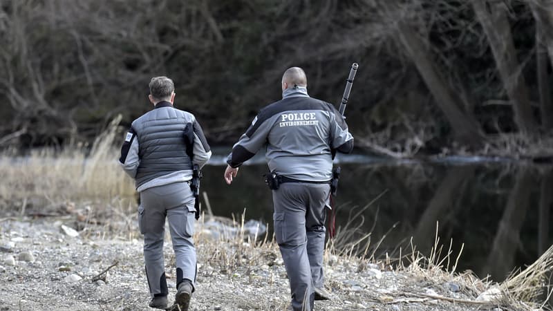 Des officiers cherchant les loups échappés en janvier 2021