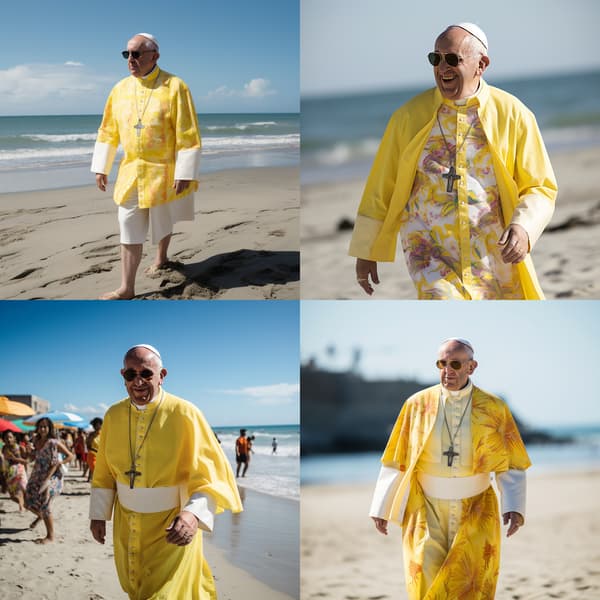 Des images générées par Midjourney représentant "le pape François à la plage en chemise hawaïenne"