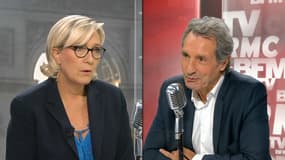 Marine Le Pen face à Jean-Jacques Bourdin jeudi matin sur BFMTV et RMC.