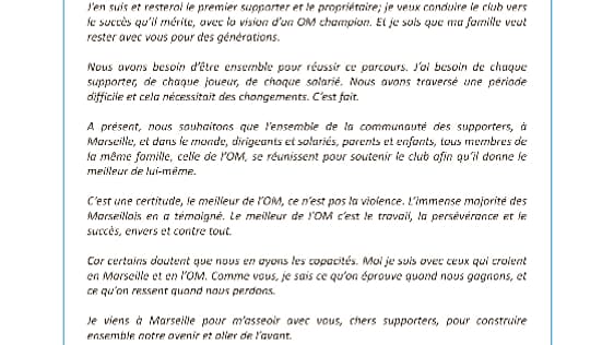 La lettre ouverte de Frank McCourt aux supporters de l'OM La lettre ouverte de Frank McCourt aux supporters de l'OM