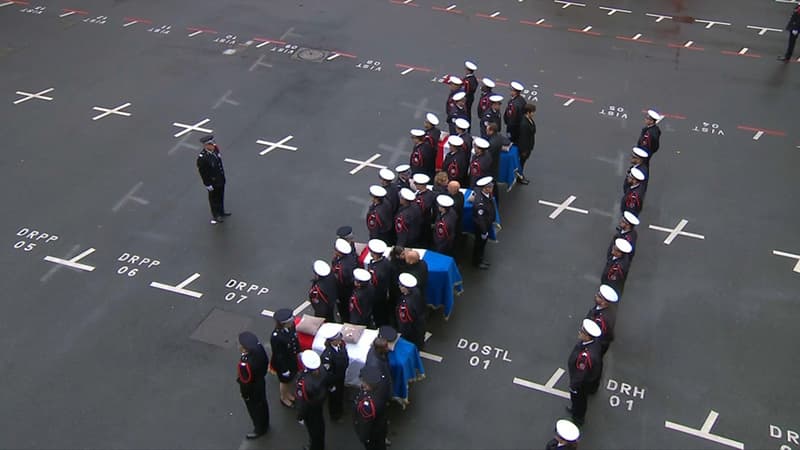 Les cercueils des victimes de l'attaque de la préfecture de police de Paris, lors de la cérémonie d'hommage du 8 octobre 2019.