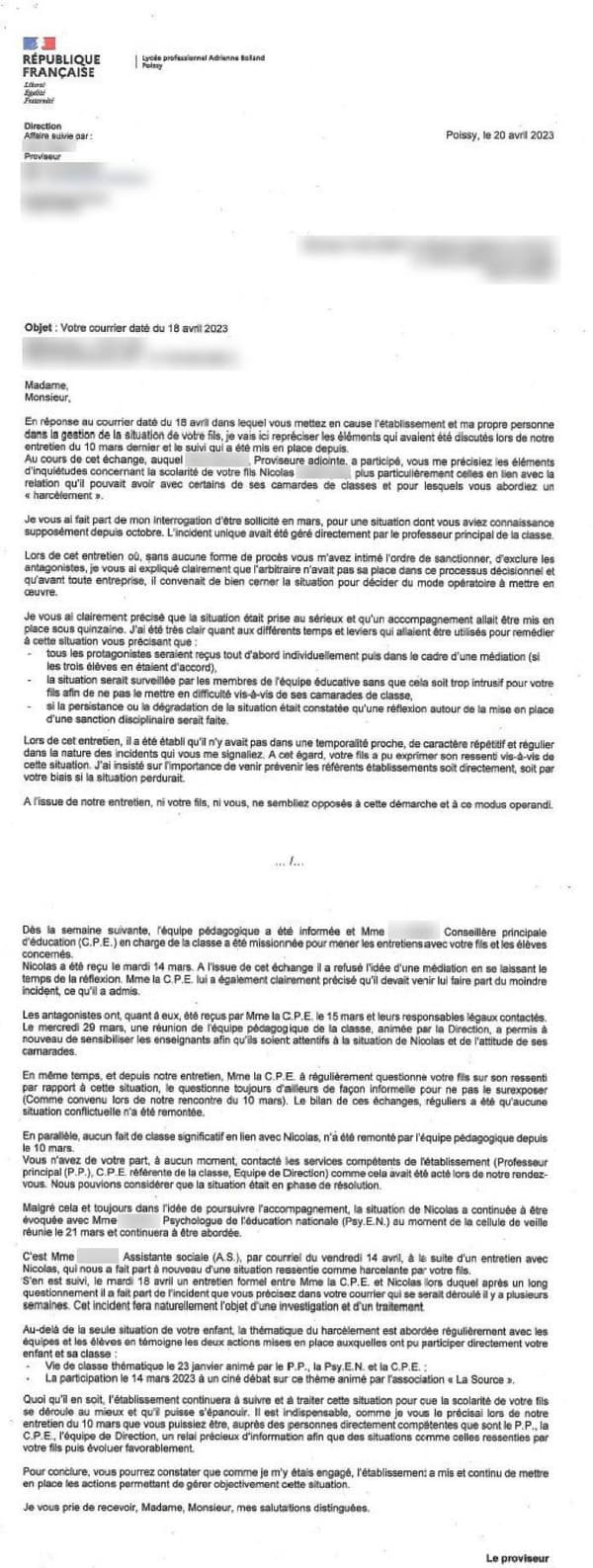 La lettre du proviseur, datée de mai 2023, aux parents de l'élève qui s'est suicidé à Poissy (Yvelines) début septembre 2023.