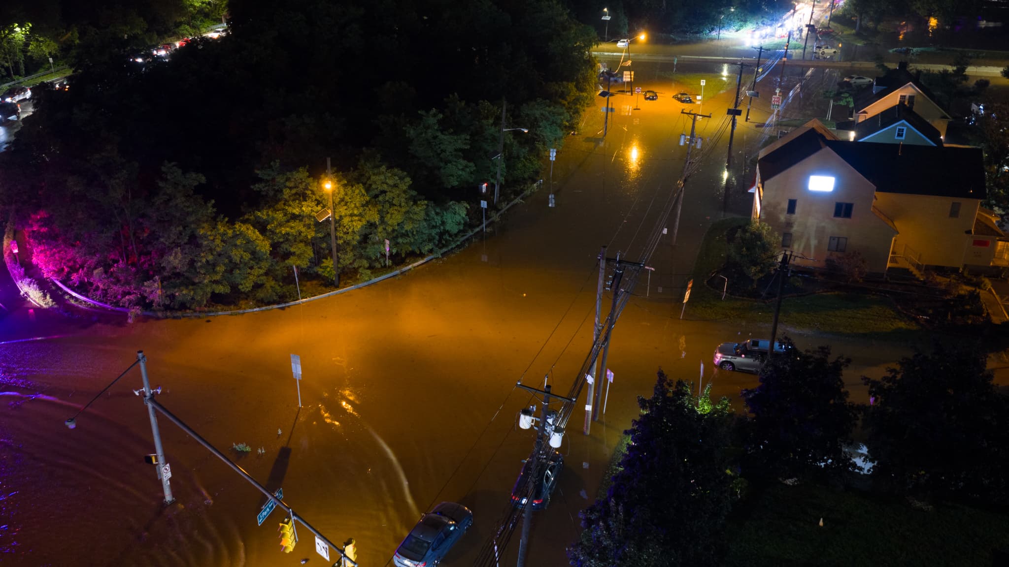 Aerial view of the streets flooded in Plainfield, New Jersey, United States, July 15, 2025. Aerial view of the streets flooded in Plainfield, New Jersey, United States, July 15, 2025.