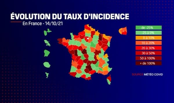 Carte des niveaux de taux d'incidence par département en France au 14 octobre