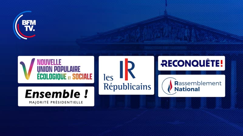 Les principaux mouvements candidats aux élections législatives des 12 et 19 juin 2022: la Nupes, Ensemble, Les Républicains, Reconquête et le Rassemblement national.