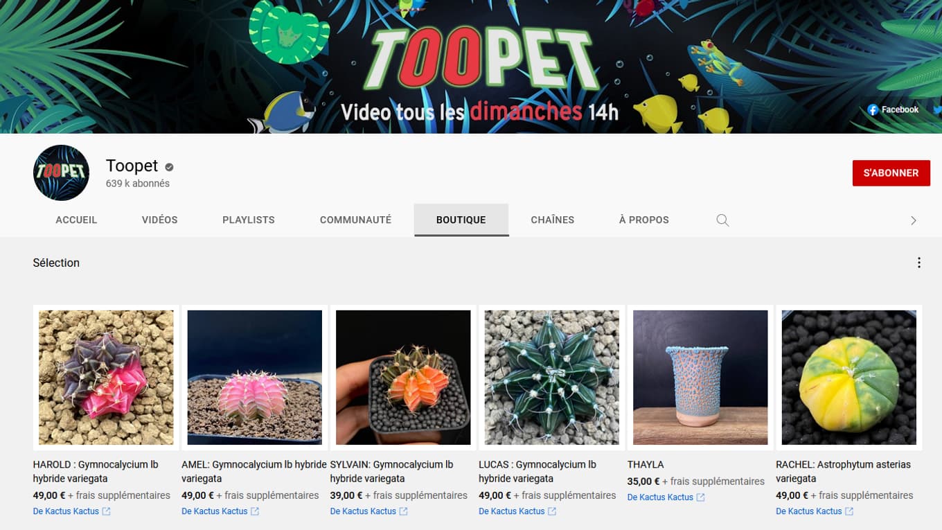 L'onglet "boutique" de la chaîne YouTube de Toopet. L'onglet "boutique" de la chaîne YouTube de Toopet.