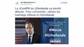 Un tweet du compte Les Républicains appelle à poster des messages avec le mot-clé "Grhollande".