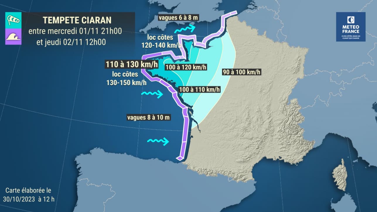 Infographie concernant la tempête Ciaran et ses conséquences les 1er et 2 novembre 2023, élaborée le 30 octobre 2023 à 12h. Infographie concernant la tempête Ciaran et ses conséquences les 1er et 2 novembre 2023, élaborée le 30 octobre 2023 à 12h.