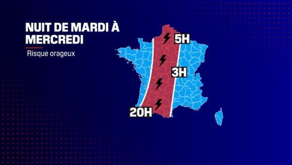 Le risque orageux attendu en France dans la nuit de mardi à mercredi.