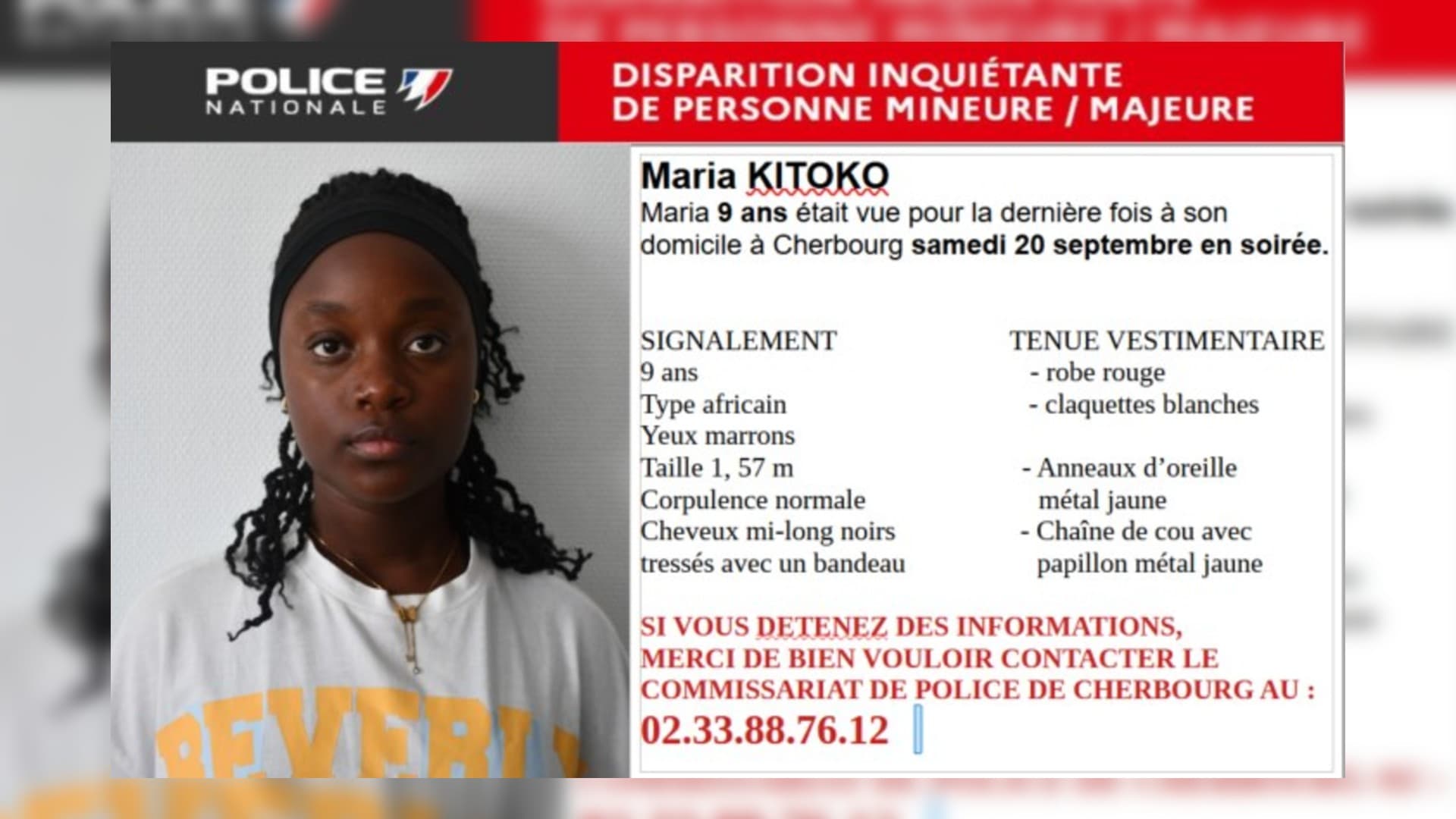 UN APPEL À TÉMOINS LANCÉ PAR LA POLICE APRÈS LA DISPARITION D'UNE FILLETTE DE 9 ANS À CHERBOURG-EN-COTENTIN
