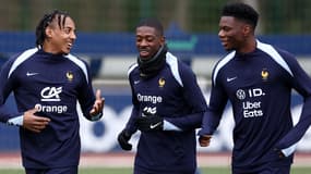 Jules Koundé, Ousmane Dembélé et Aurélien Tchouaméni à Clairefontaine, le 18 mars 2023