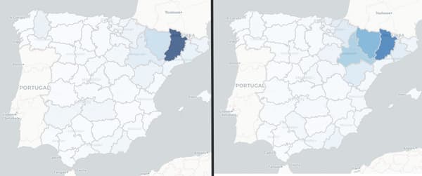 Taux d'incidence du coronavirus en Espagne la semaine du 6 au 12 juillet (à gauche) et la semaine du 13 au 19 juillet (à droite). Taux d'incidence du coronavirus en Espagne la semaine du 6 au 12 juillet (à gauche) et la semaine du 13 au 19 juillet (à droite).